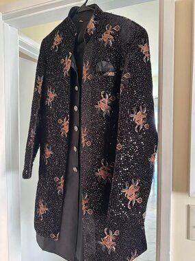 Luxury Indian Wedding Sherwani | Black Sequin & Floral